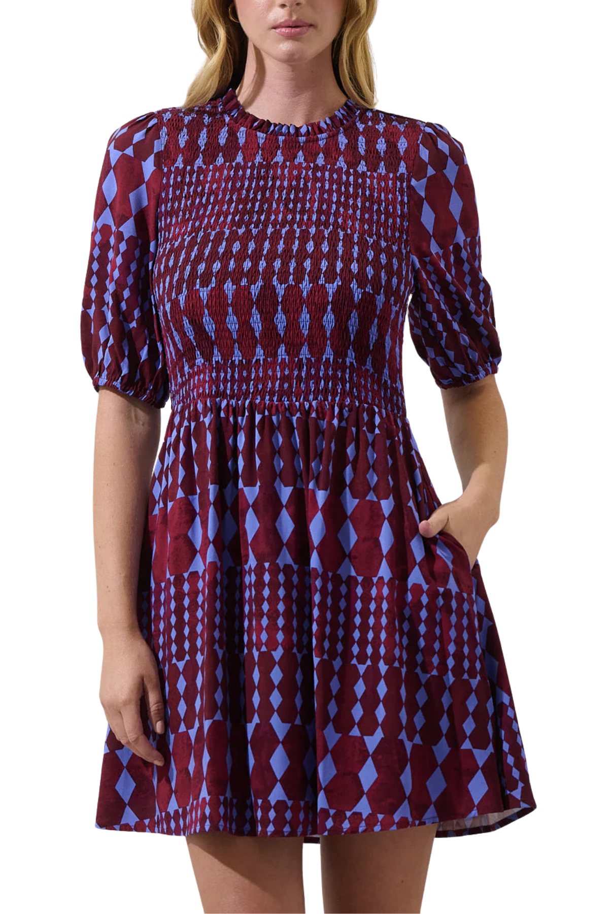 Ramsay Abstract Sulen Smocked Mini Dress
