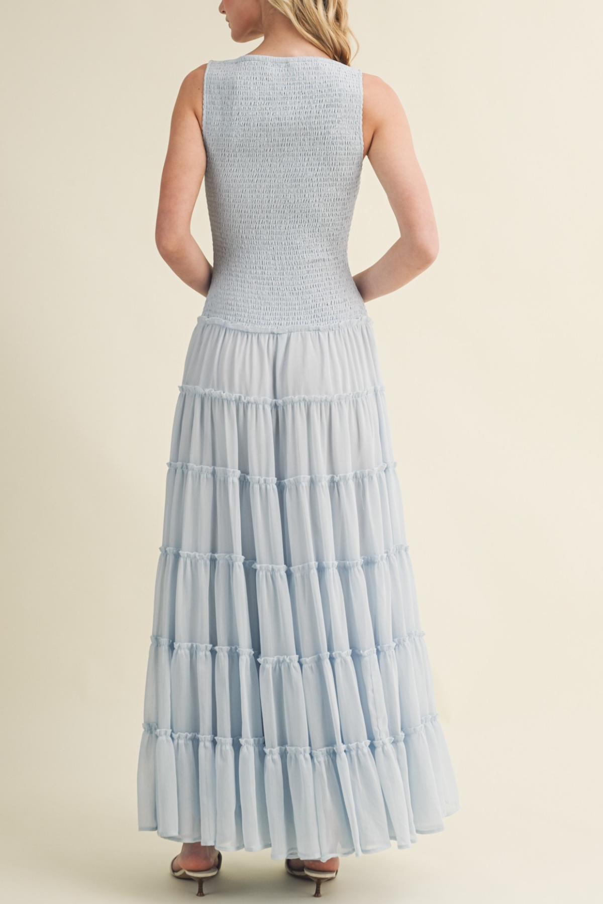 Smocked Boat Neck Tiered Maxi Dress