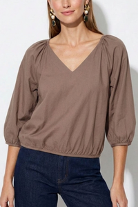 Elastic Puff Sleeve V-Neck Blouse