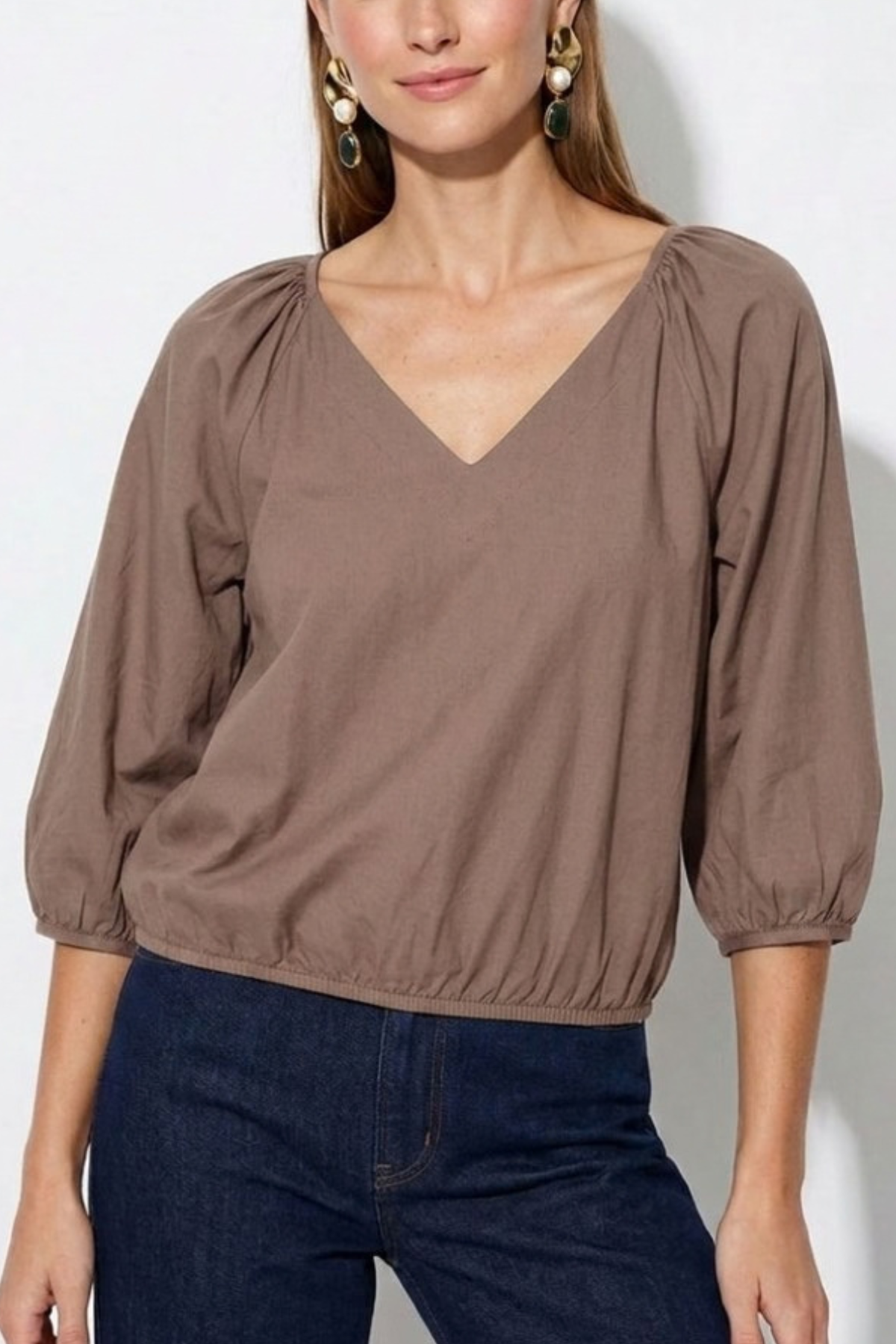 Elastic Puff Sleeve V-Neck Blouse