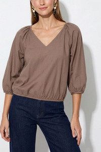 Elastic Puff Sleeve V-Neck Blouse