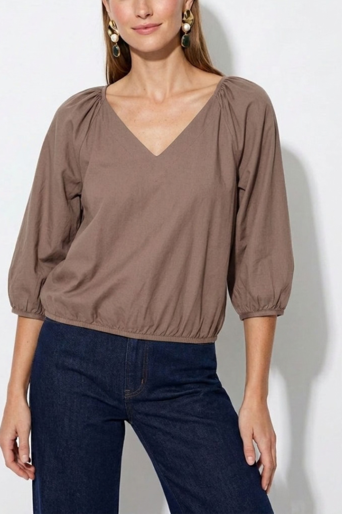 Elastic Puff Sleeve V-Neck Blouse