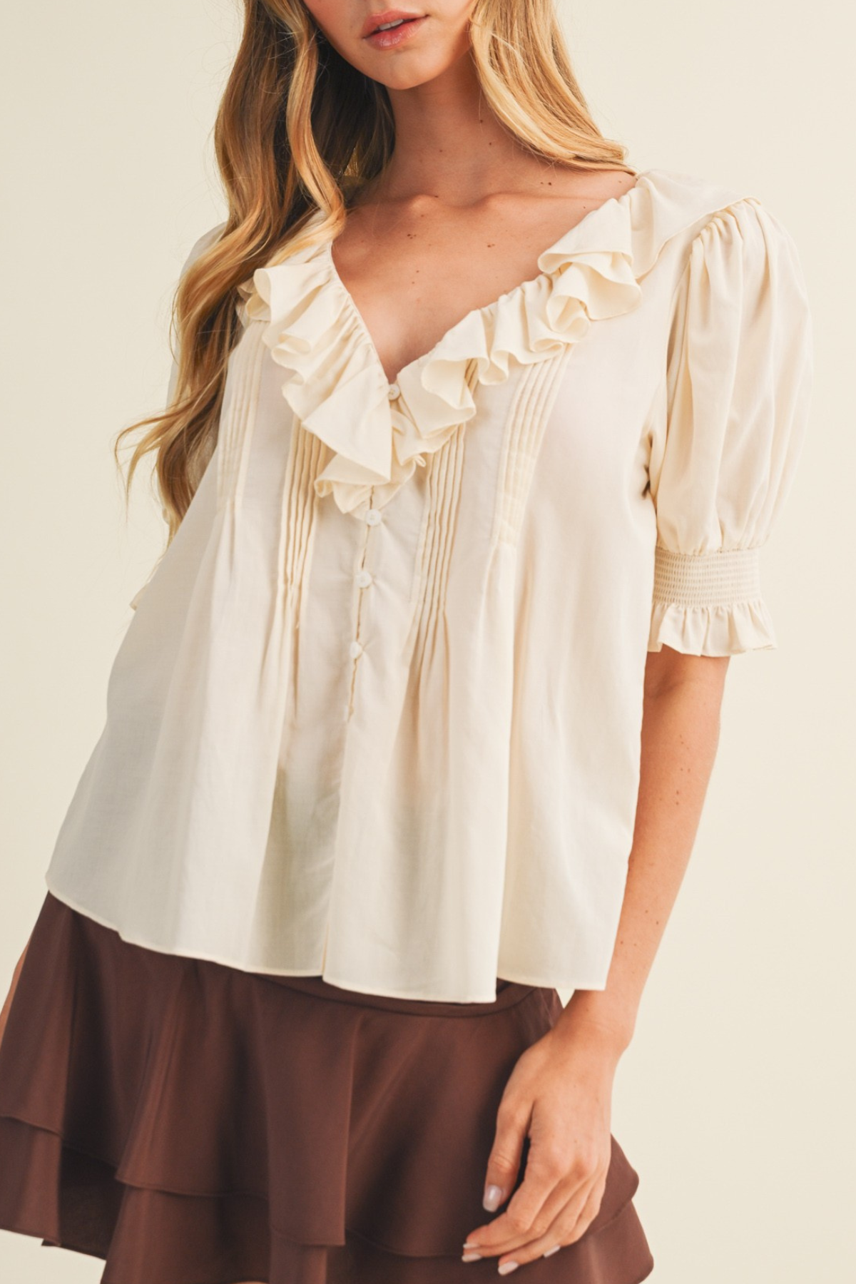 V-neck Ruffle Pintuck Poplin Blouse
