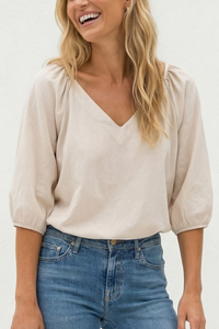 Elastic Puff Sleeve V-Neck Blouse
