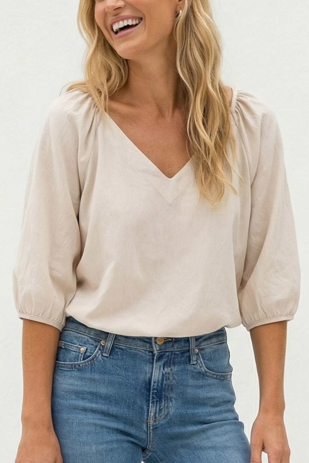 Elastic Puff Sleeve V-Neck Blouse