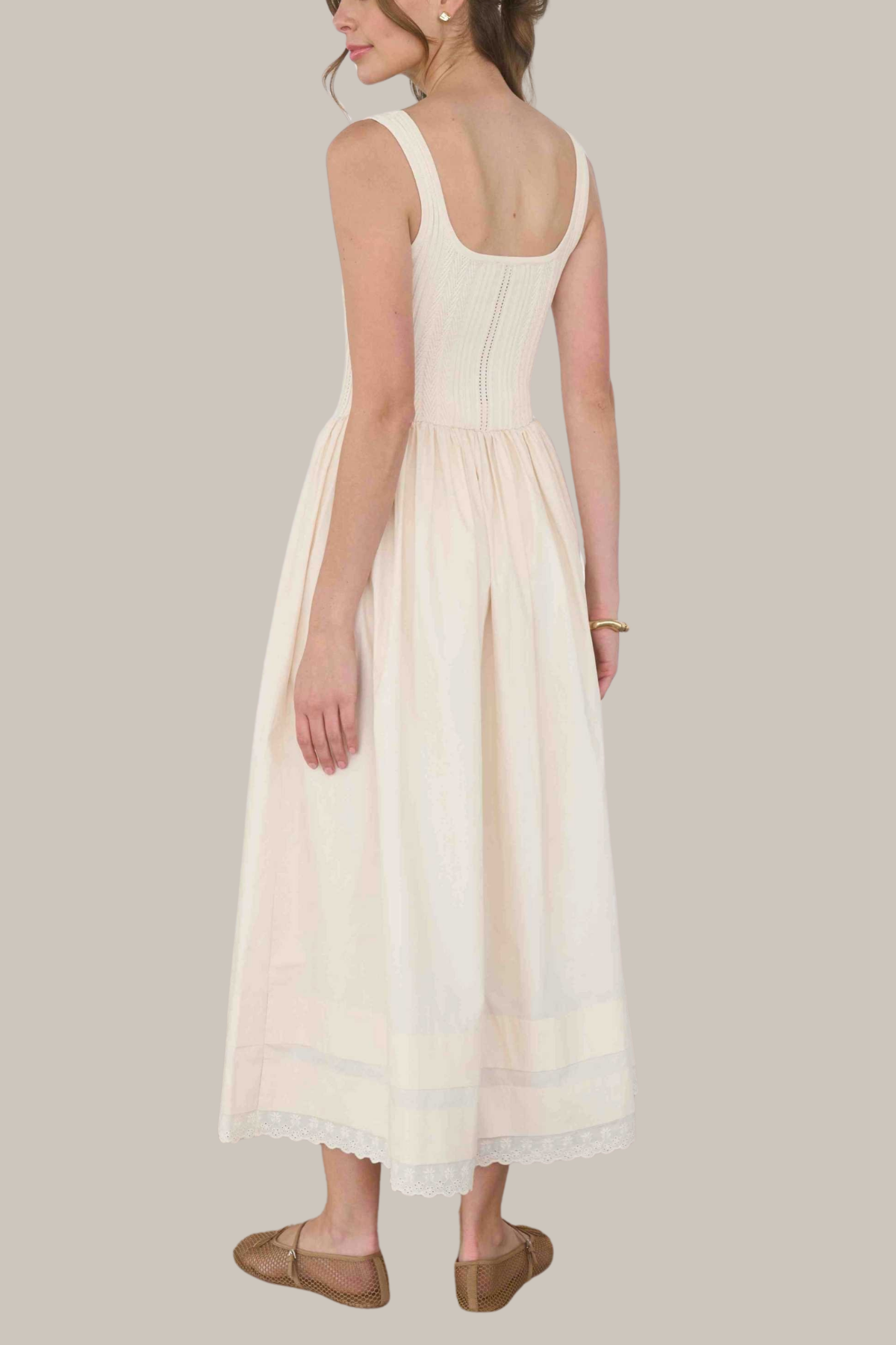 Pointelle Knit Sleeveless Mixed Media Midi Dress