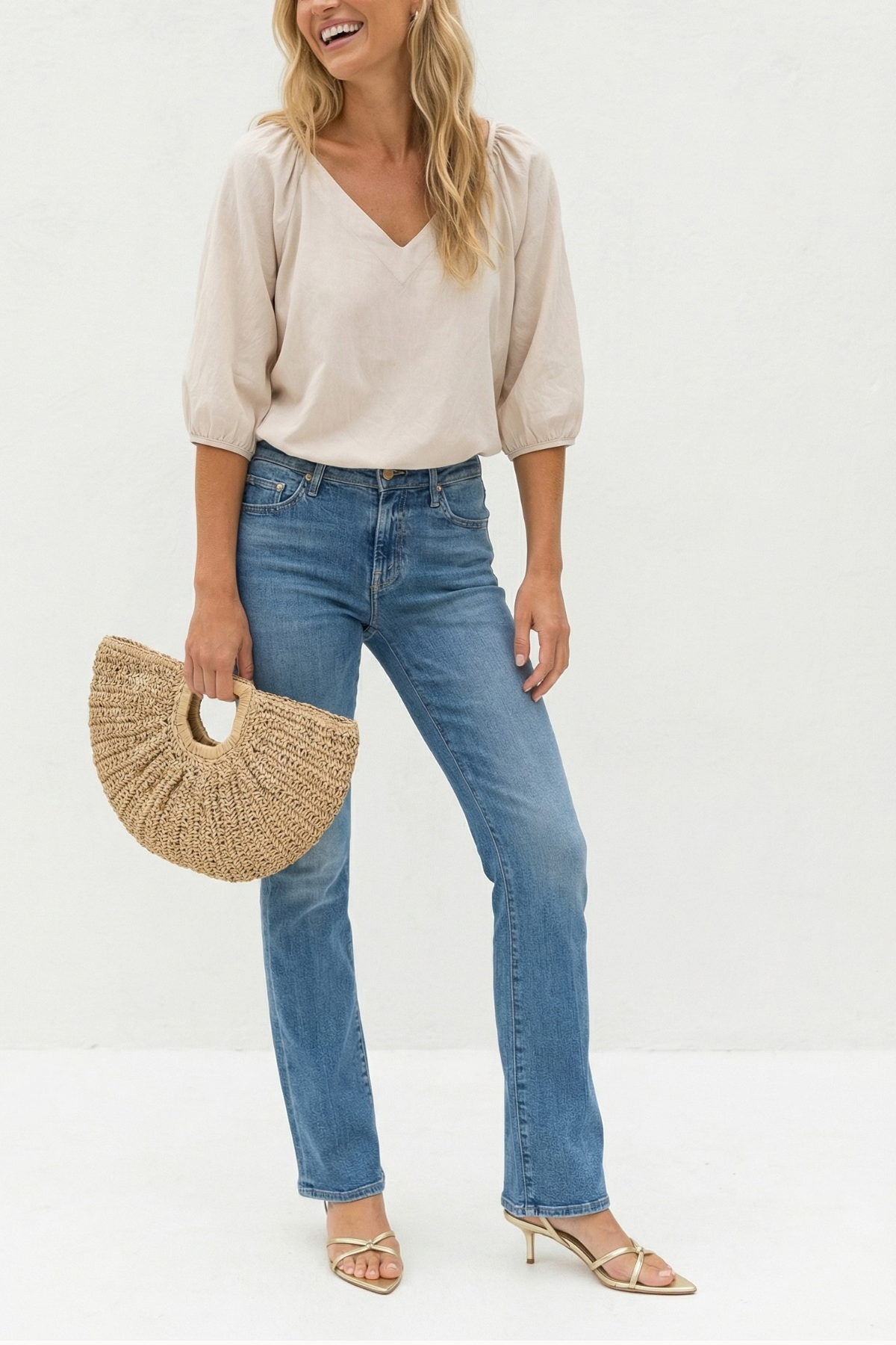 Elastic Puff Sleeve V-Neck Blouse