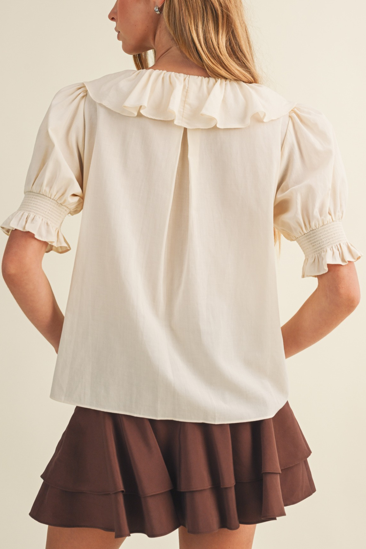 V-neck Ruffle Pintuck Poplin Blouse