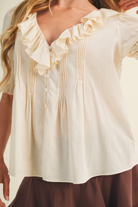 V-neck Ruffle Pintuck Poplin Blouse