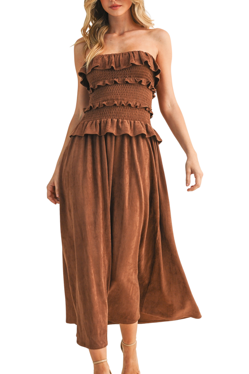 Suede Maxi Tube Ruffle Dress