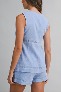 Gauze Lace Trim Tie Front Top