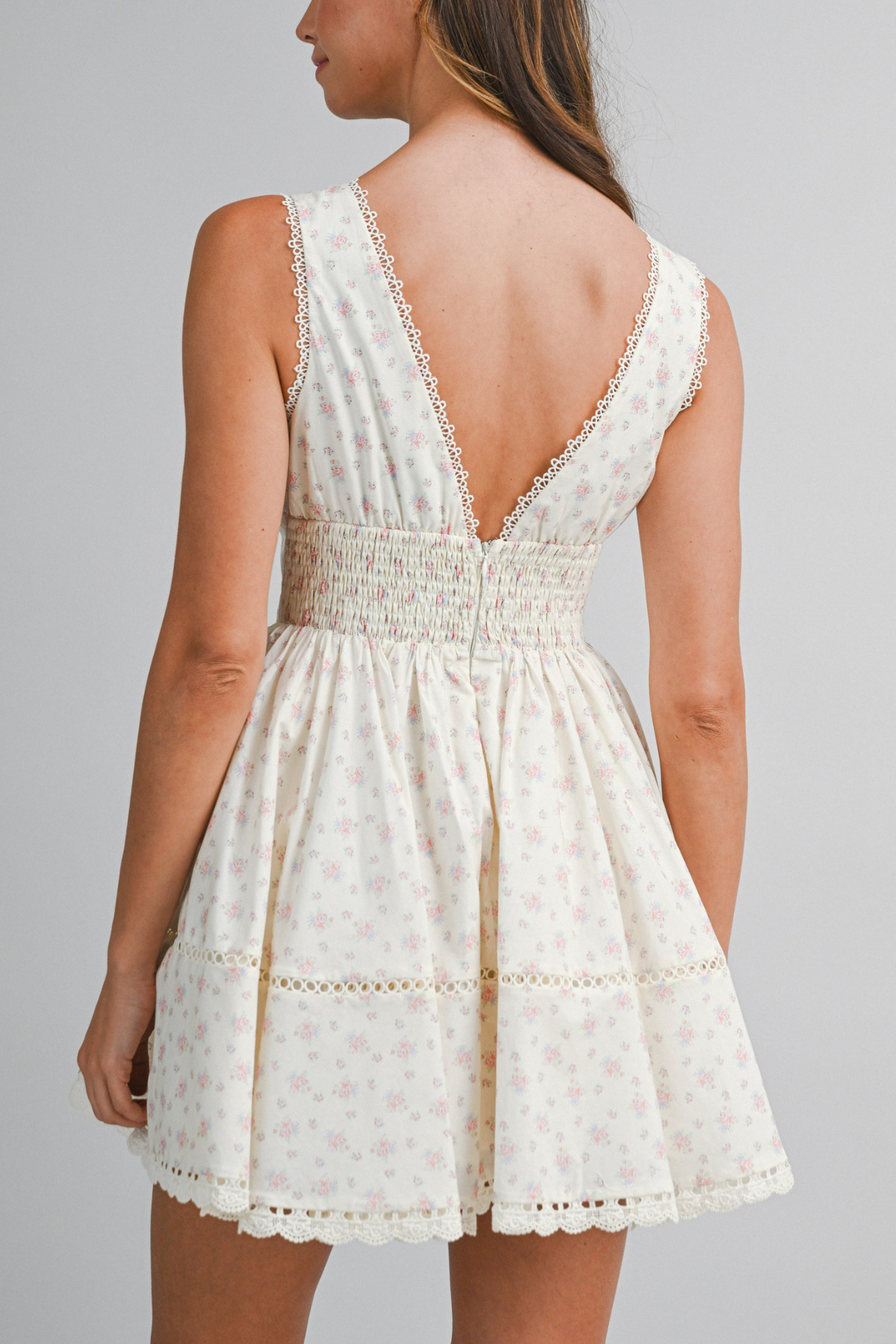 Floral Print Lace Trim Mini Dress