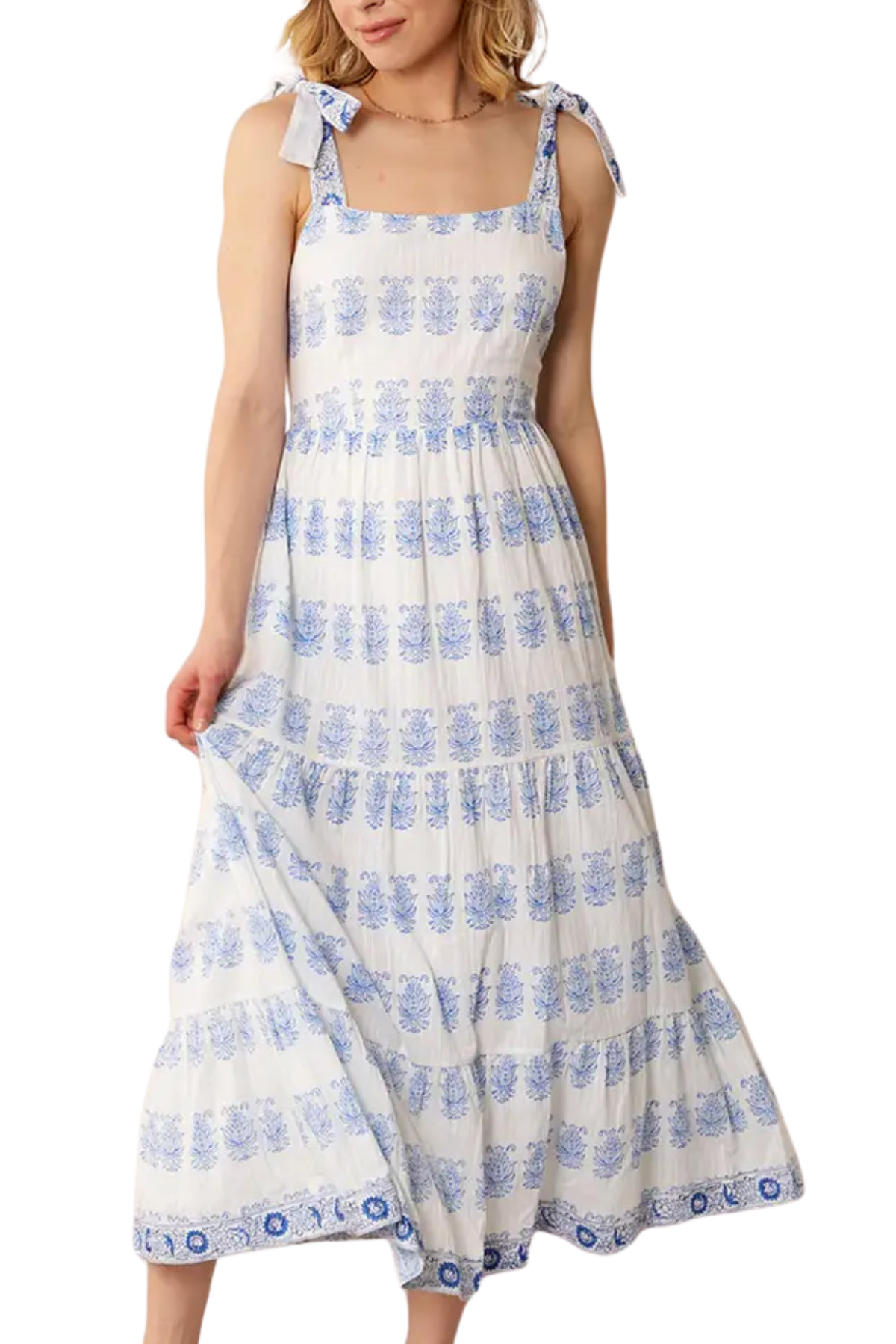 Printed Shoulder Tie Midi Dress