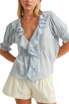 Ruffled V Neck Puff Sleeve Top