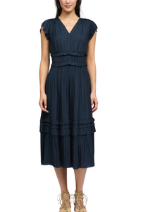 Pleated Sleeve Ruffle Midi Dress