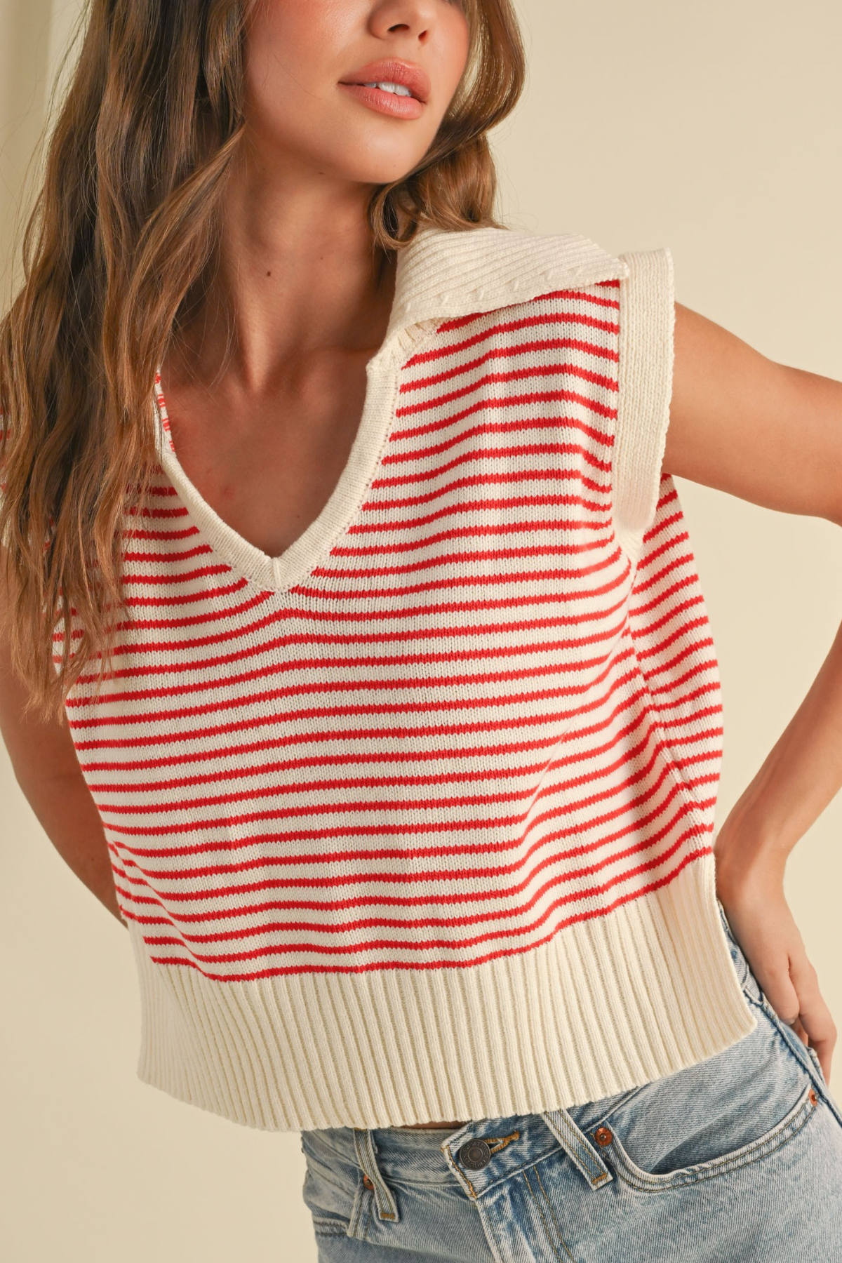 V-Neck Stripe Collar Top