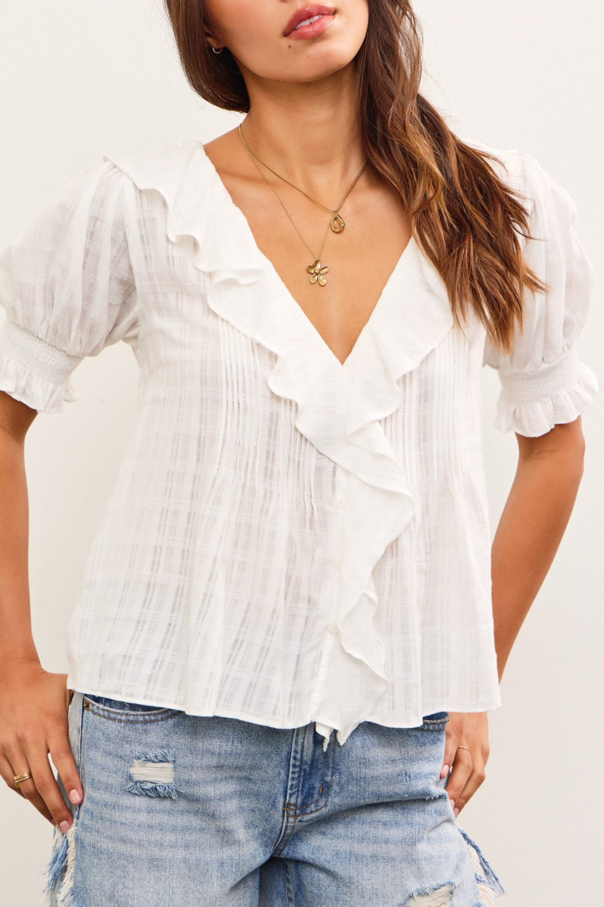 Ruffled V Neck Puff Sleeve Top