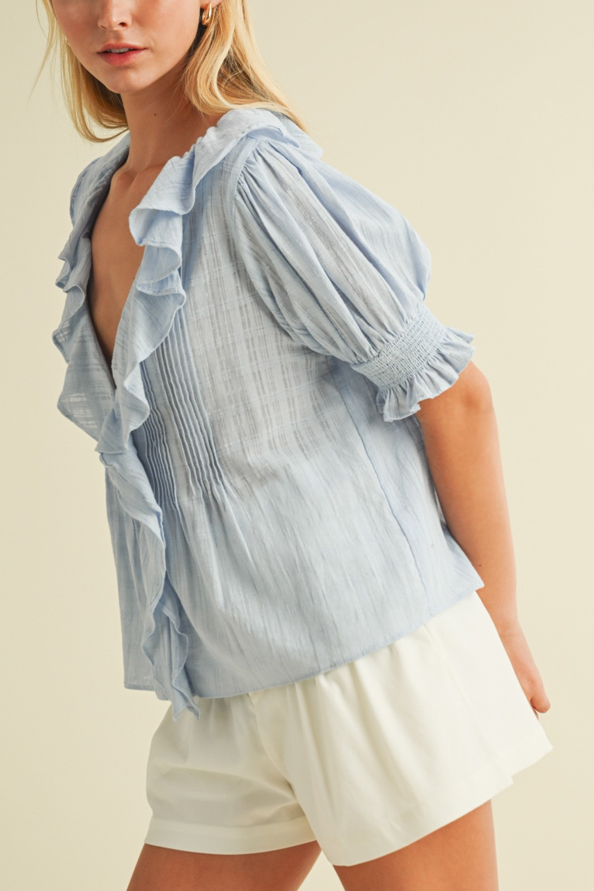 Ruffled V Neck Puff Sleeve Top