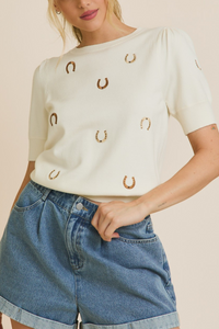 Puff Sleeve Embroidered Knit Top