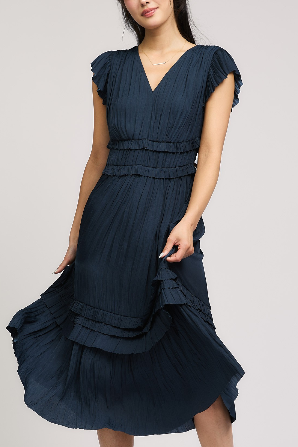 Pleated Sleeve Ruffle Midi Dress