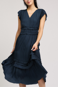 Pleated Sleeve Ruffle Midi Dress