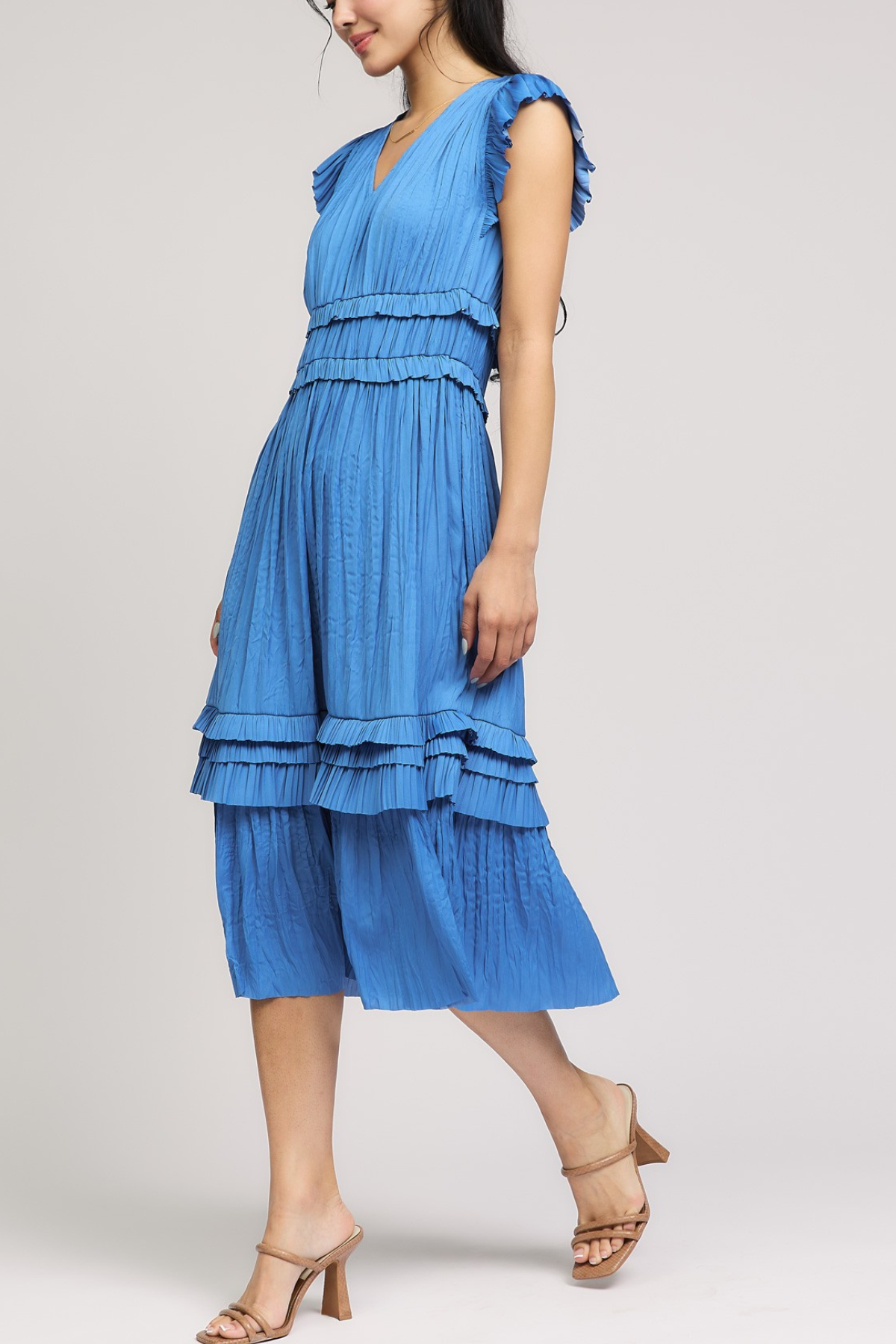 Pleated Sleeve Ruffle Midi Dress