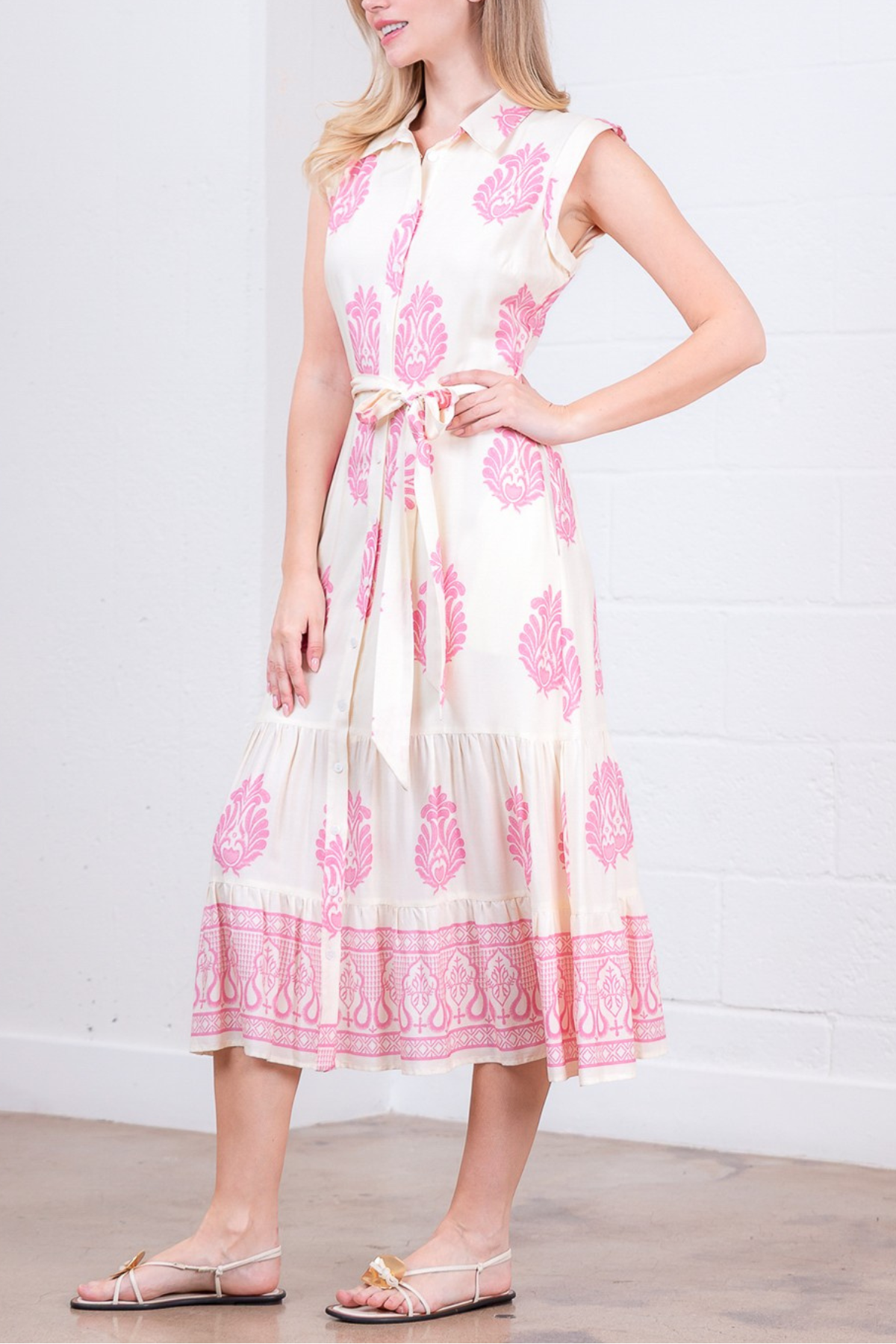Button Down Belted Printed Dress