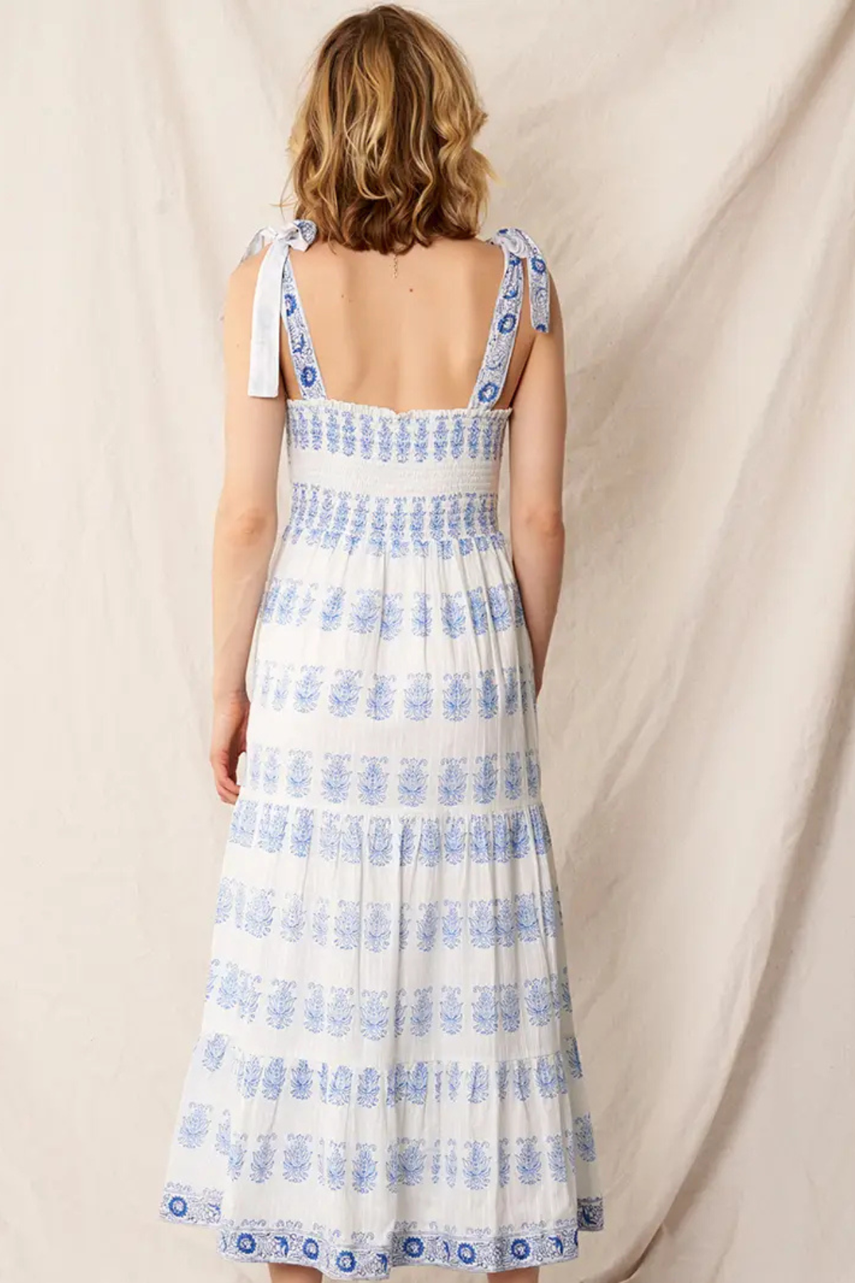 Printed Shoulder Tie Midi Dress