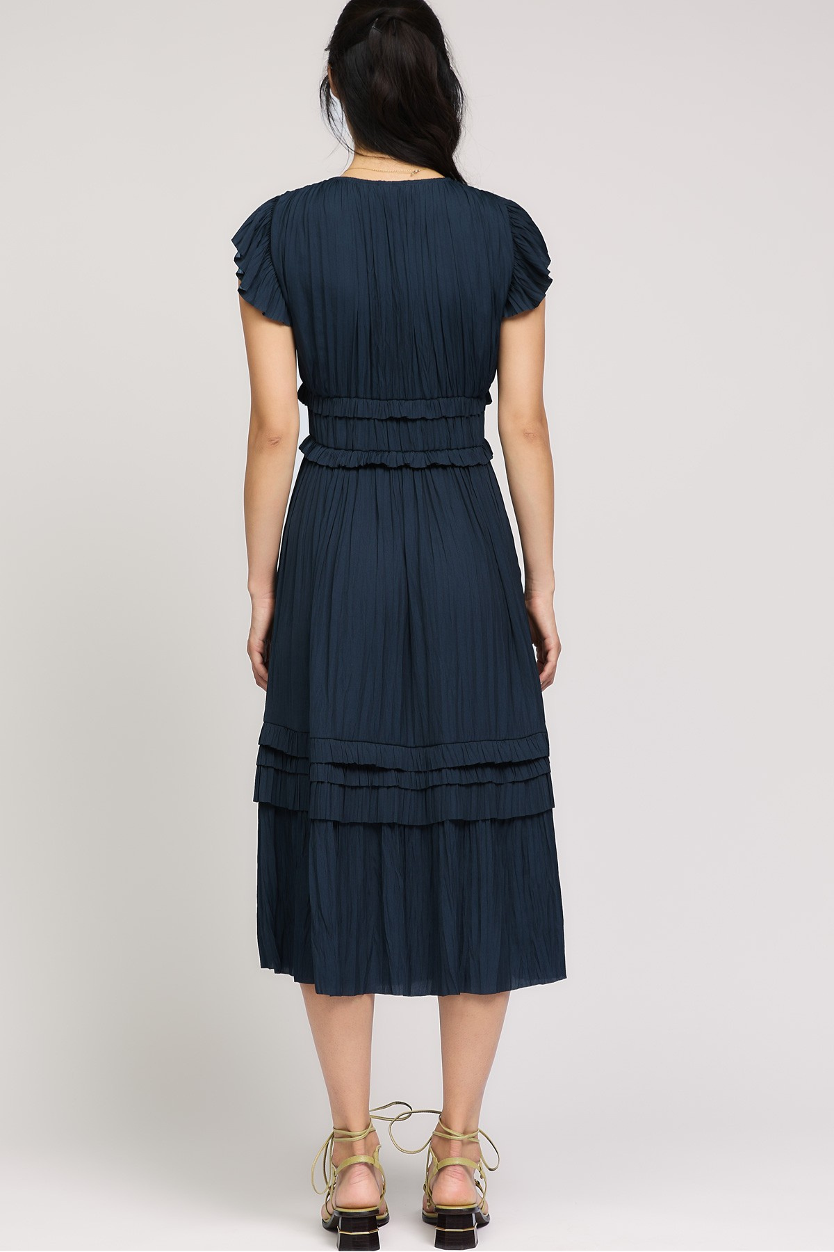 Pleated Sleeve Ruffle Midi Dress