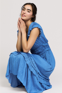 Pleated Sleeve Ruffle Midi Dress