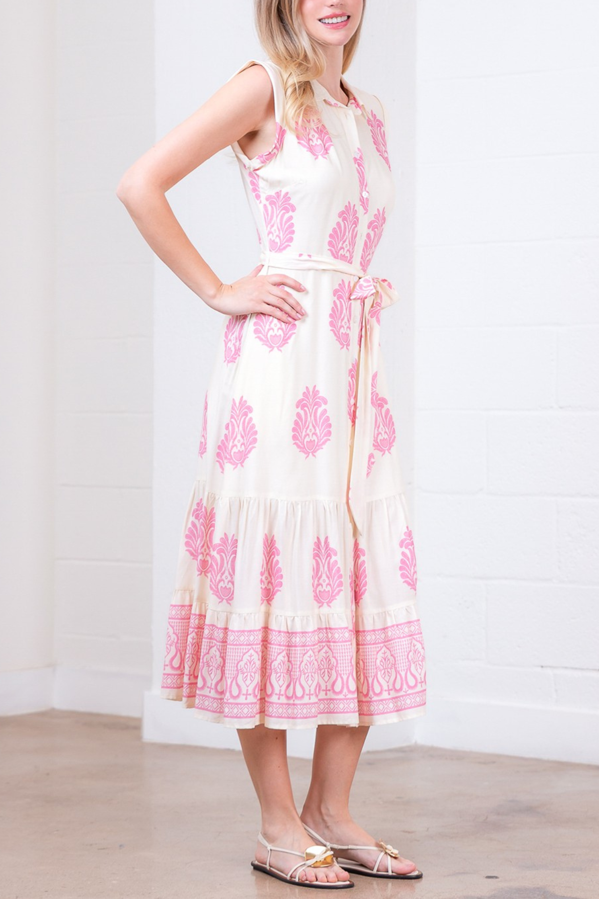 Button Down Belted Printed Dress