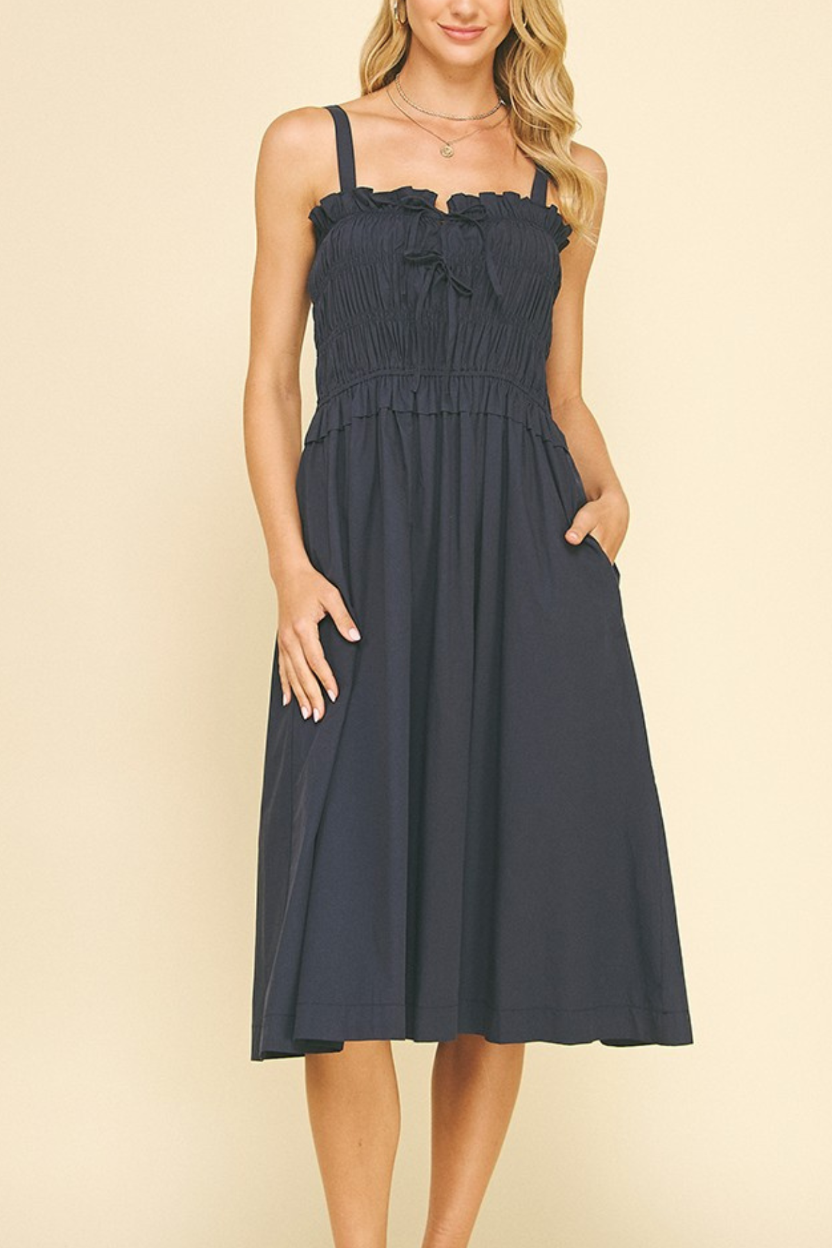 Front-tie Detailed Smocking Midi Dress