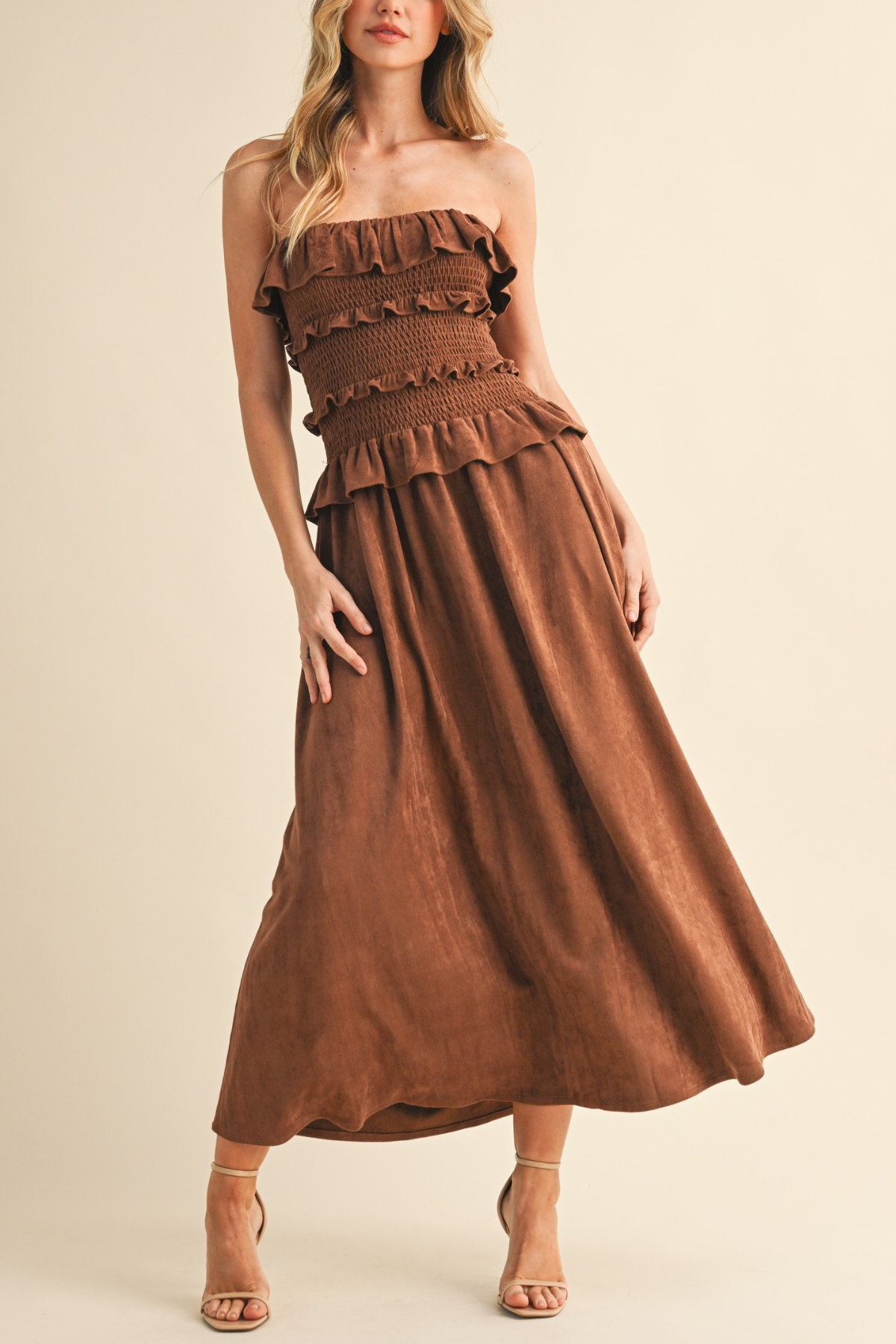 Suede Maxi Tube Ruffle Dress