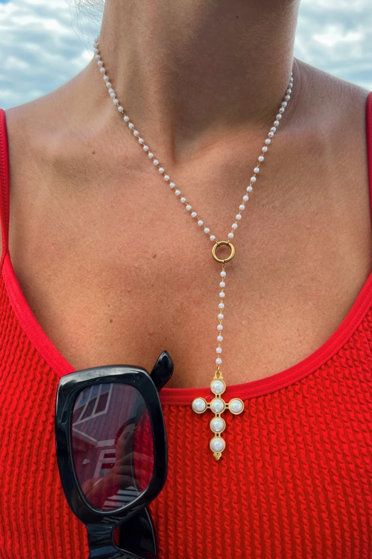 Lariat Pearl Cross Necklace