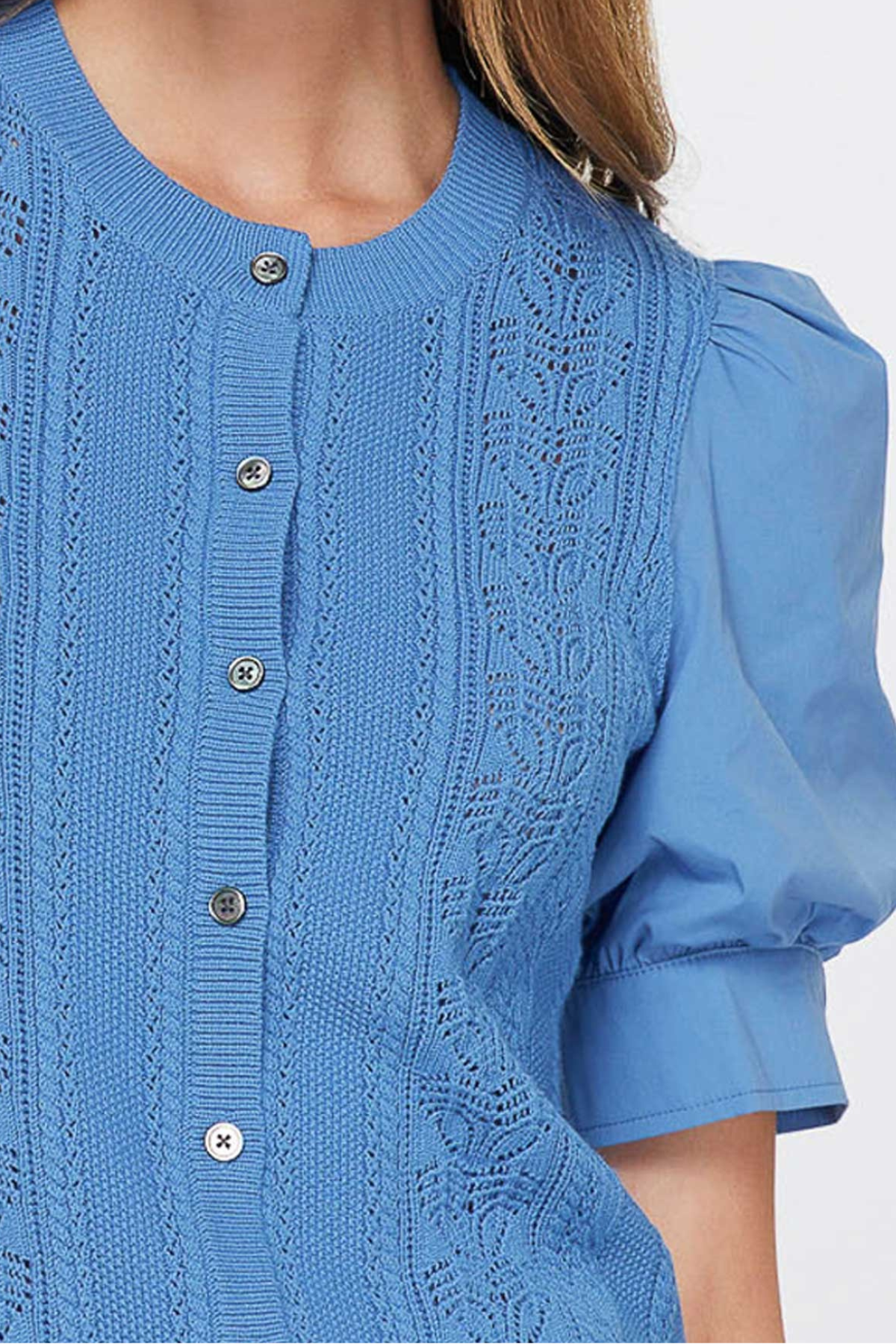Woven Puff Sleeve Button Down Sweater
