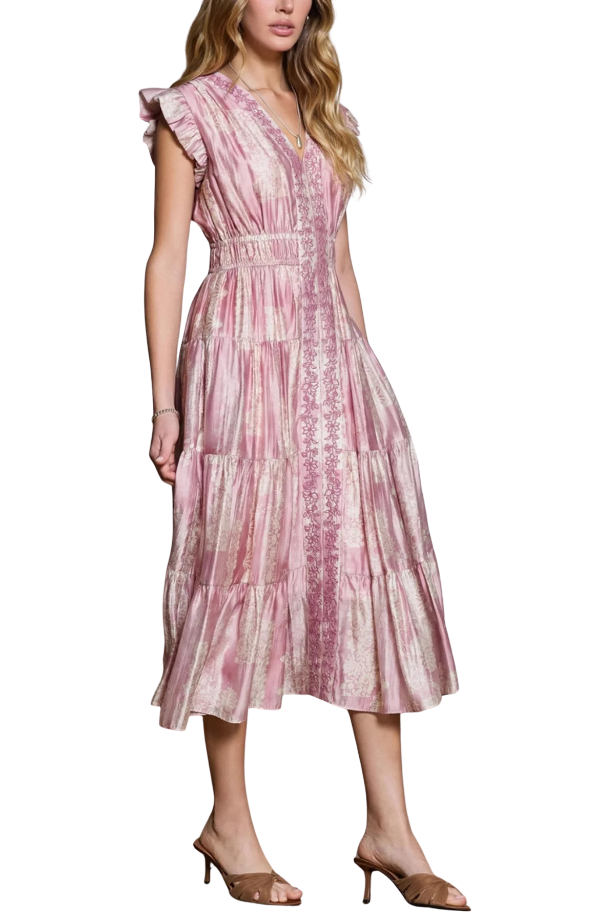 Printed Embroidered Tiered Midi Dress