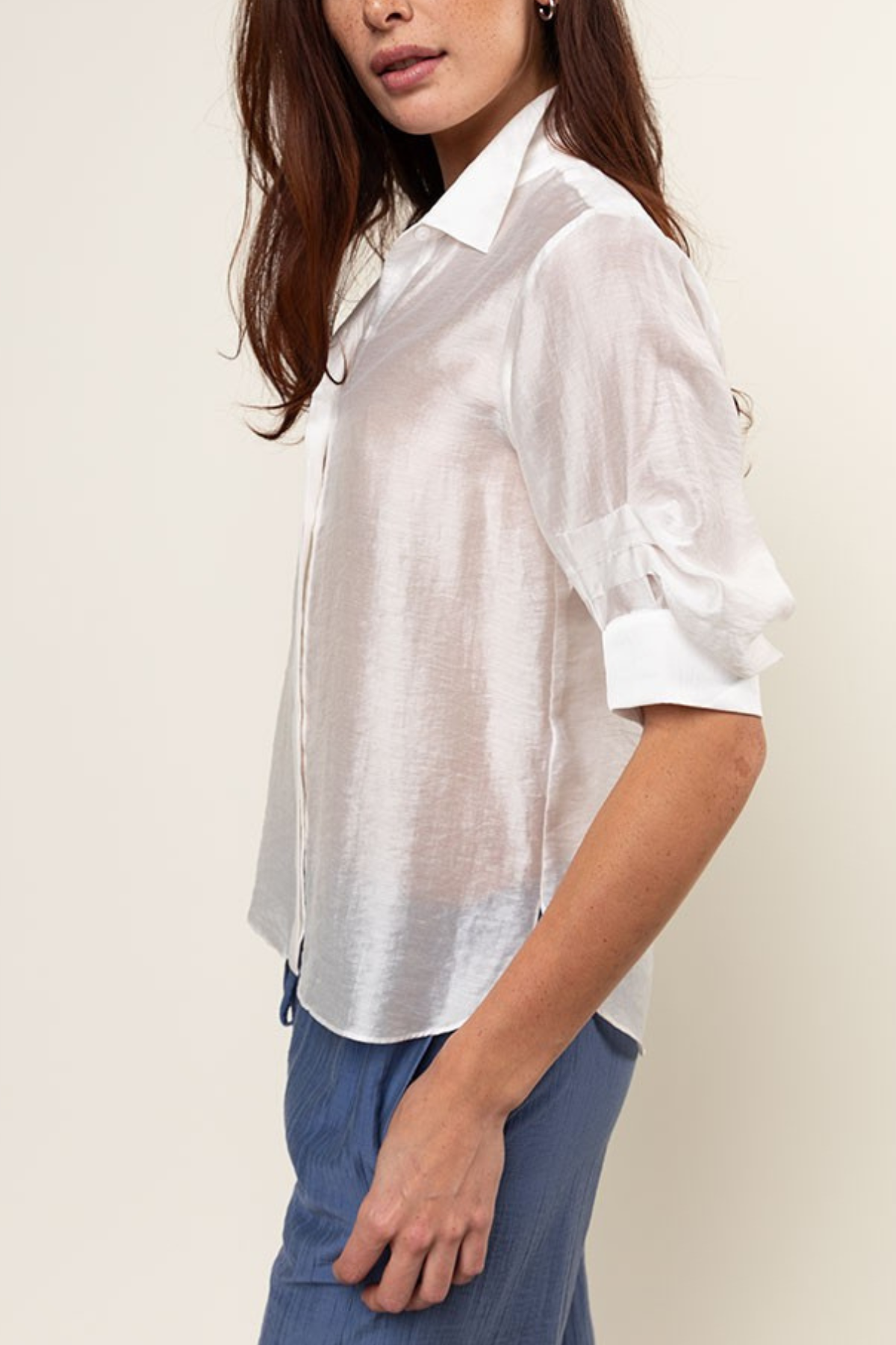 Naked Zebra Pleated Short Sleeve Button-up Blouse