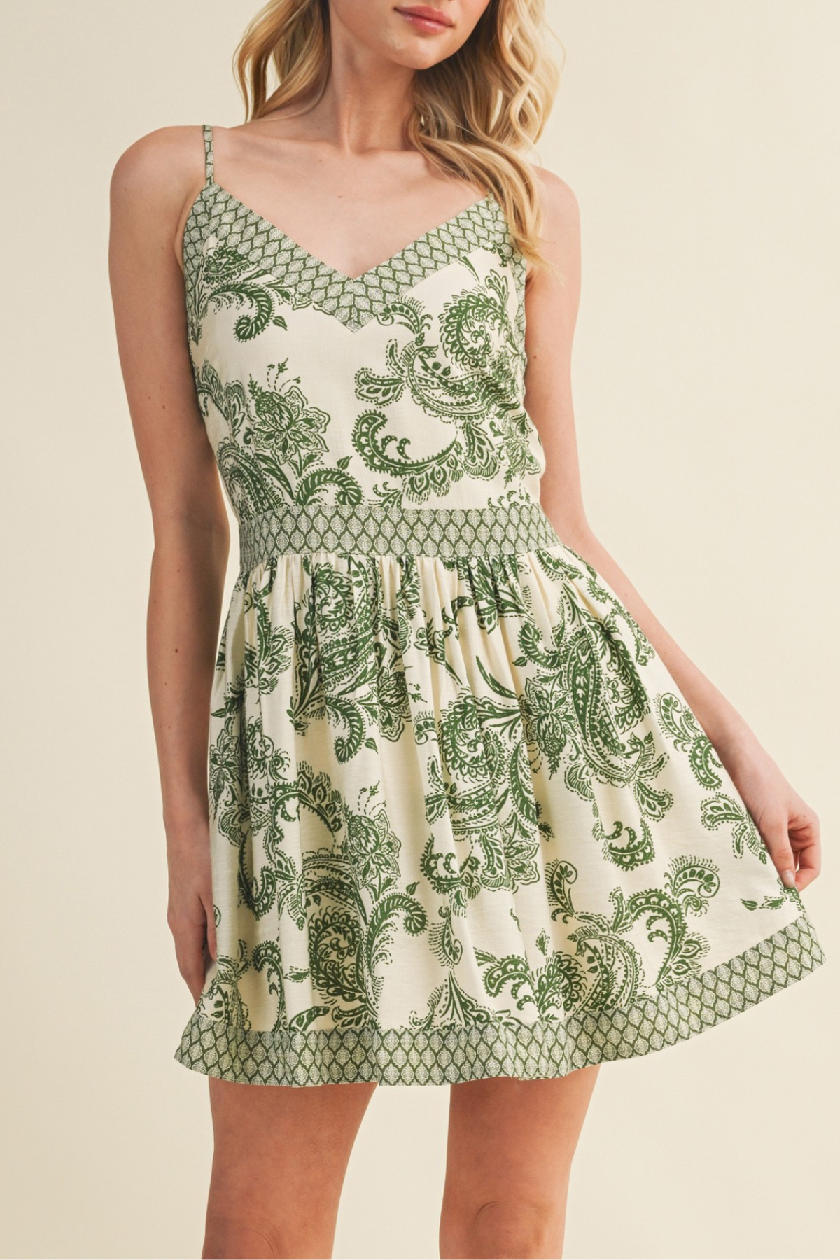 Lattice Trim Paisley Mini Dress