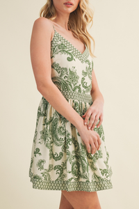 Lattice Trim Paisley Mini Dress