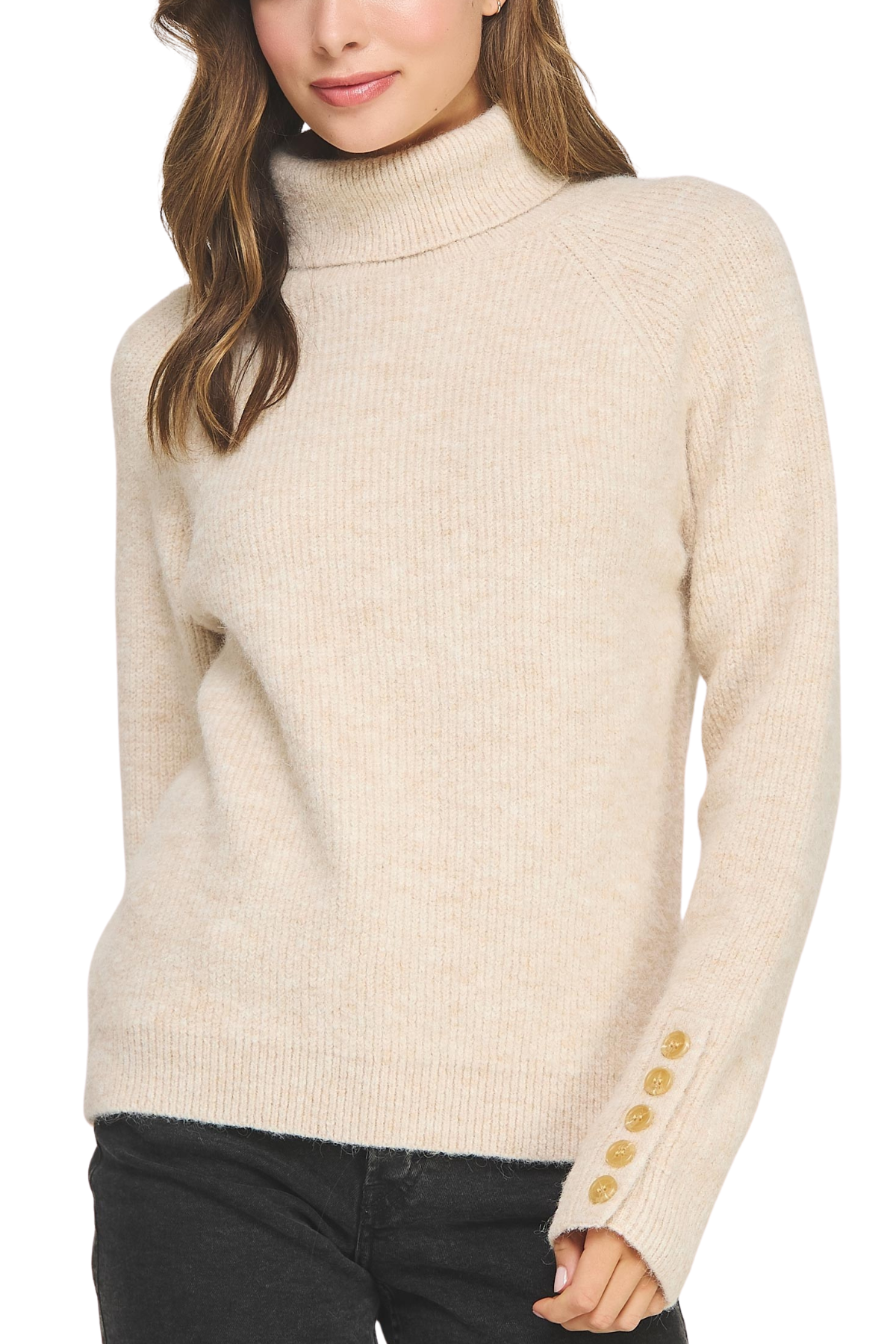 Button Sleeve Turtle Neck Sweater