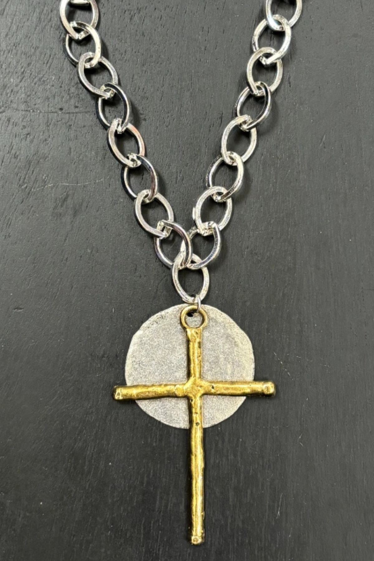 Mixed Metal Cross And Disc Necklace