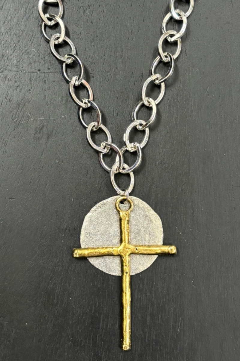 Mixed Metal Cross And Disc Necklace