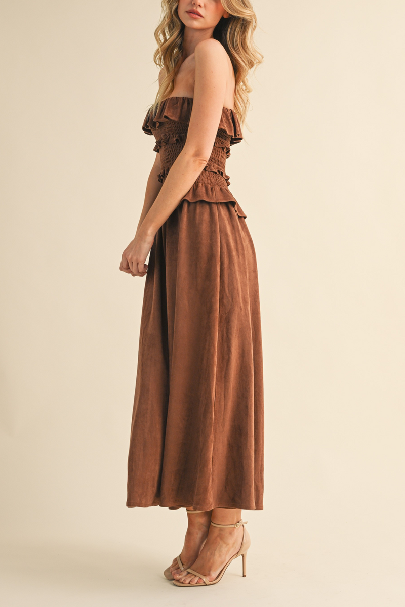 Suede Maxi Tube Ruffle Dress