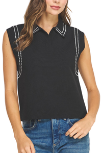 Thick Stitch Embroidery Knit Sleeveless Polo Top
