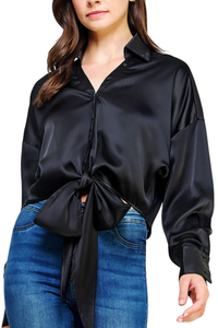 Button Down Waist Tie Satin Shirt Top