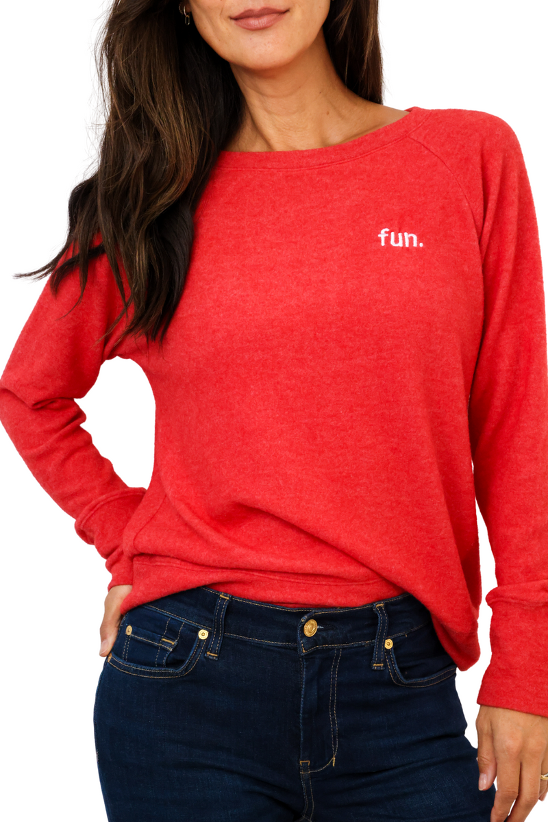 Embroidered Fun Lightweight Brushed Fleece Pullover Sweater