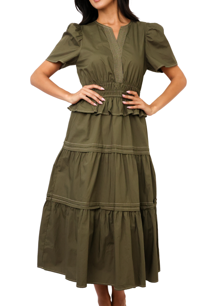 THML Short Sleeve Tiered Midi Dress