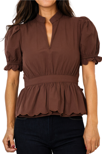 Split Neck Scalloped Elastic Cuff Short Sleeve Top