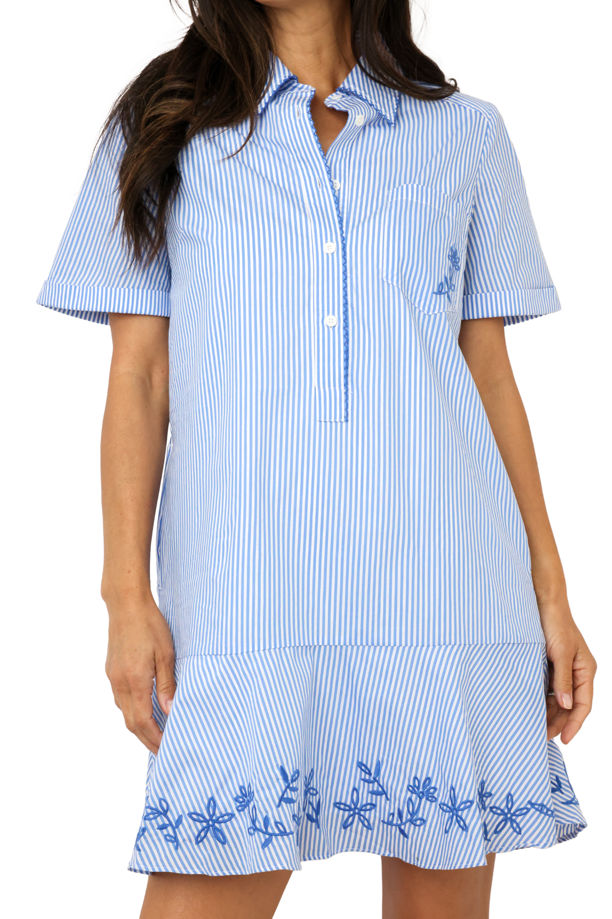 Striped Embroidered Mini Shirt Dress