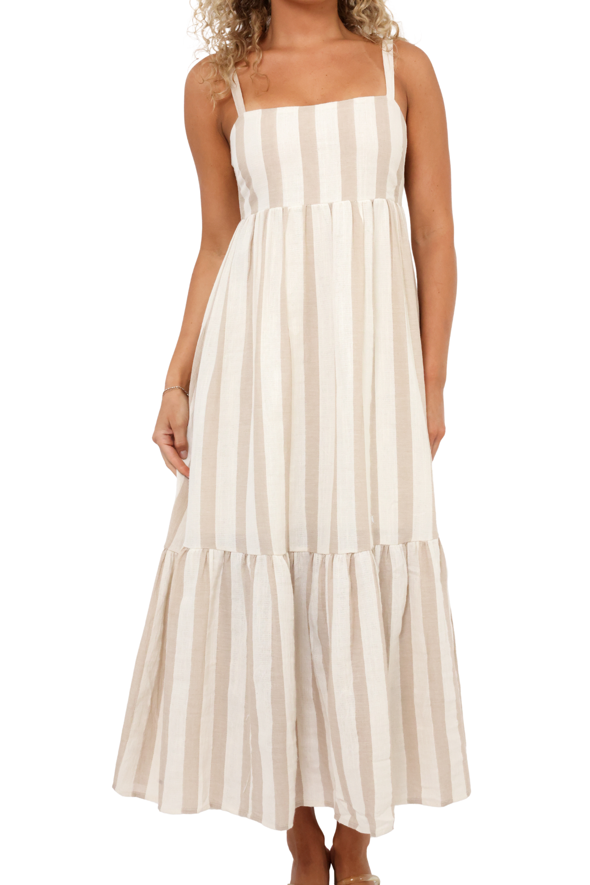 Natural Stripe Tiered Midi Dress
